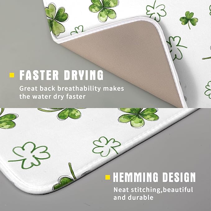 St Patricks Day Dish Drying Mat for Kitchen Counter Cute Shamrocks Holiday Microfiber Absorbent Dish Draining Reusable Washable Foldable 16"x18"