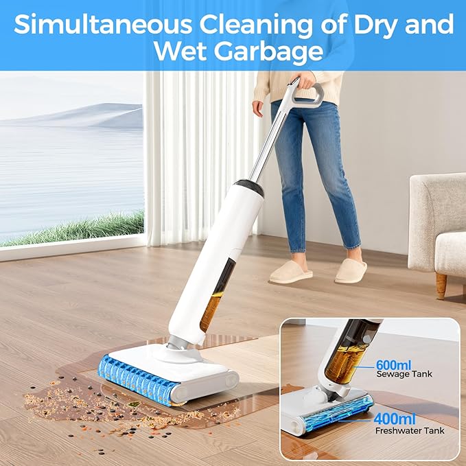 Cordless Wet Dry Vacuum Cleaner, 23KPa Vacuum Mop for Hard Floors, Up to 45 Min Runtime, 180° Lay-Flat Design with Hot Water Self-Cleaning & 185°F Hot Air Drying, Anti-Tangle Brush for Pet Hair