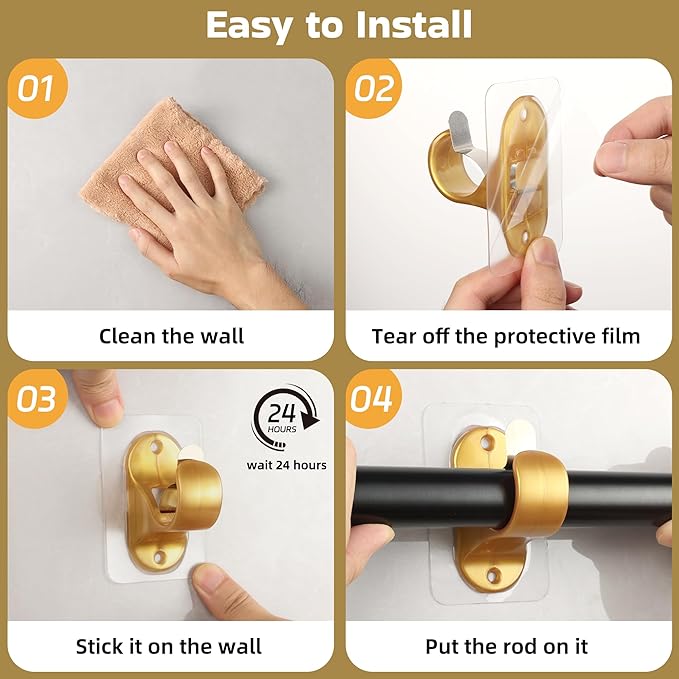 ANDGOO 18 Pack No Hole Curtain Rod Hangers, Self Adhesive Curtain Sticky Hooks, No Drilling, No Nail Heavy Duty Stick on Rod Hooks Bedroom, Bathroom, Livingroom, Kitchen (Gold)