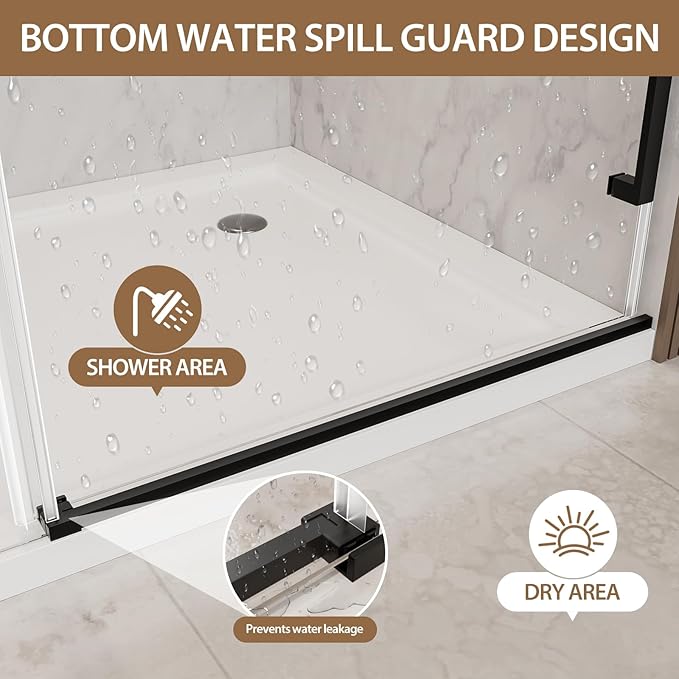 Frameless Shower Door, 56-60" W x 75" H Sliding Shower Glass Door, 5/16"(8mm) Tempered Glass Shower Doors for Walk in Shower with Explosion-Proof Film, Stainless Steel Hardware, Matte Black