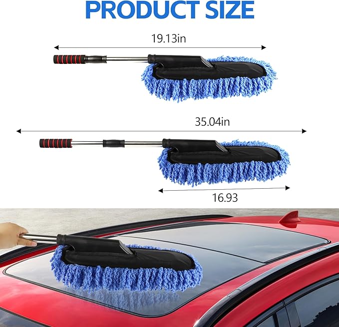 Wuyaoyao 2PCS Car Duster Set, Soft Microfiber Car Duster Interior Exterior, Scratch Free Auto Cleaning Brush with Extendable Handle, Multipurpose Dusting Tool for Auto Office Home Furniture (Blue)