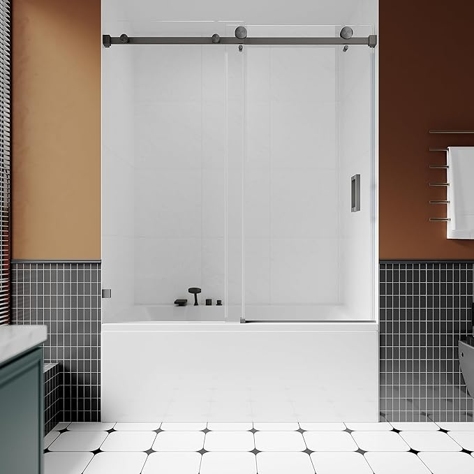 3/8" (10mm) Sliding Glass Shower Door for Bathtub, 56-60" W x 66" H Frameless Bathroom Door with Easy-Cleaning Coating,Space Gray