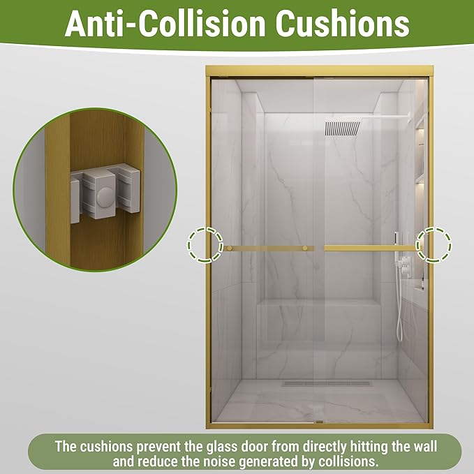 Shower Door 44-48" W * 72" H, Brushed Gold Double Sliding Shower Door with 1/4"(6mm) Tempered Glass, Shower Glass Door Easy to Clean