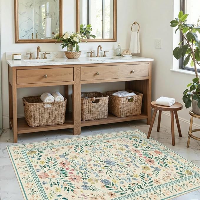 Floral Rug for Entryway, Bedroom, 3x5 Washable Area Rug, Green Vintage Boho Throw Rugs, Non Slip Low Pile Carpet forkitchen,Bathroom, Girls Kids Room and Nursery Room(Light Green 3x5ft)