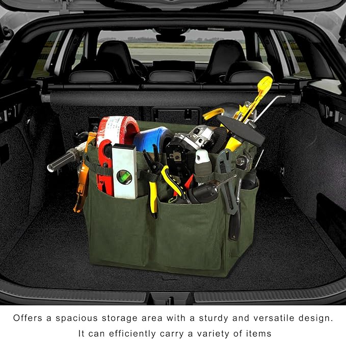 Car Trunk Organizer, Large Capacity Collapsible Tote Wearable Cleaning Caddy Bag w/Adjustable Straps, Multifunctional Vehicle Storage Box for Groceries Tools Cleaning Supplies (Army Green)