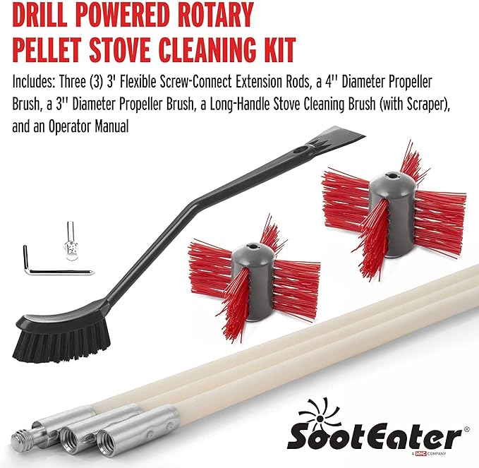 SootEater Pellet Stove Cleaning Kit - Complete Rotary Pellet Stove Vent Kit with Flexible rods, Propeller Pipe Brushes, & Flue Fire Prevention.