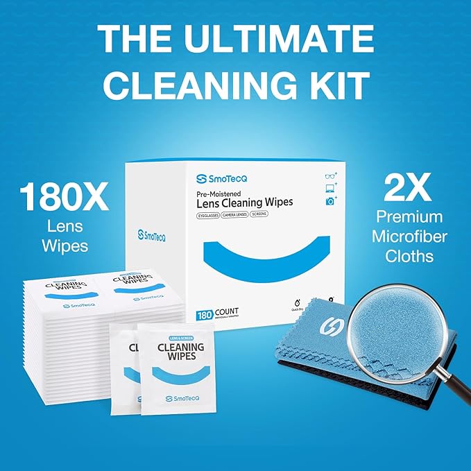 SmoTecQ Lens Wipes for Glasses, 180 Individually Wrapped Eyeglass Cleaning Wipes with 2 Microfiber Cloths for a Streak-Free Finish, Safe for Coated Lenses, Screens & Camera Lenses