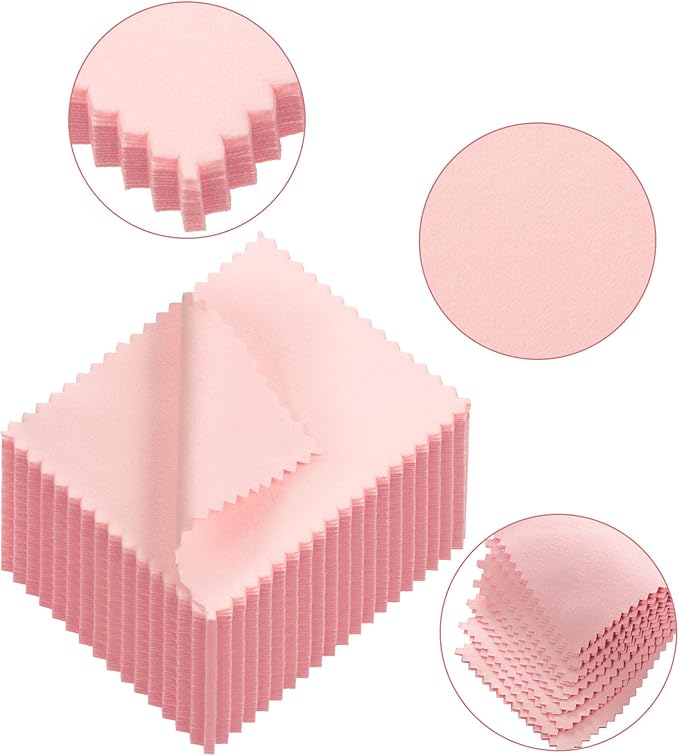 Tatuo 200 Pieces Jewelry Polishing Cloth 2.36 x 3.15 Inch Double-Sided Polishing Cloths Silver Glasses Cleaning Tools for Gold Silver and Platinum Jewelry Watch Coins Glasses(Pink)