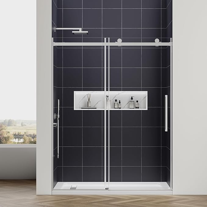 Luxury Soft-Closed Frameless Sliding Shower Door, 58–60" W x 76" H, 3/8" (10mm) Tempered Glass, Nano Coating, 304 Stainless Steel, Premium Quiet Close System - Bright Chrome