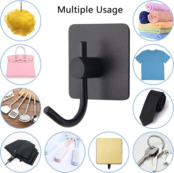 VAEHOLD 4 Pack Wall Hooks, Heavy Duty Sticky Holder Waterproof Aluminum Towel Hooks for Hanging Coat, Hat, Key, Clothes, Closet Hook Wall Mount for Kitchen, Bathroom, Office（Black）