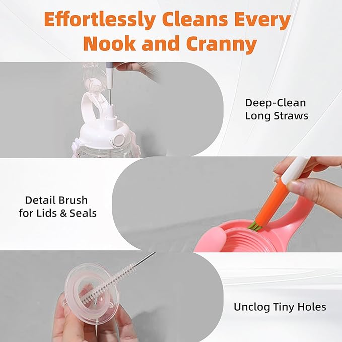 PROOCI Straw Cleaner Brush for Stanley, 2-Pack Multi 3 in 1 Extra Long Straw Cleaning Brush Set for Reusable Straws, Tumblers, Lids, Sippy Cups, Water Bottle, Nipples & Fine Gaps - Orange & Gray