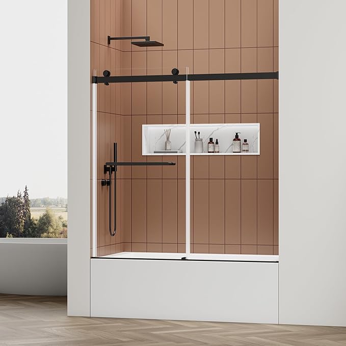 56-60" W x 60" H Double Sliding Bathtub Shower Door, 5/16" (8mm) Tempered Glass Frameless Bypass Shower Glass Door for Tub, Double Nano Coating, Pull Towel Rack (Black)