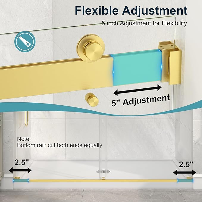 KPUY Frameless Shower Door, 55-60" W x 76" H Double Sliding Glass Shower Door, 1/4" (6mm) Thick Tempered Clear Glass with Explosion-Proof Film Nano Coating, Brushed Gold