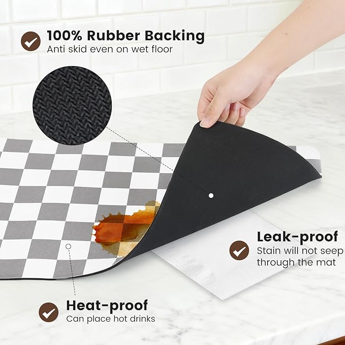 16" x 24" Checkered Dish Drying Mat for Kitchen Counter, Absorbent Coffee Bar Mat for Espresso Machine Coffee Countertops Accessories (Grey)