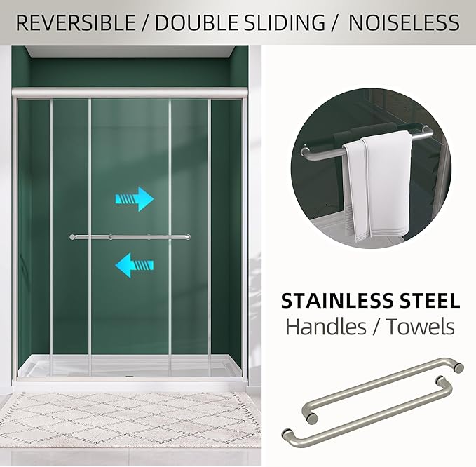 GETPRO Shower Door Double Sliding 56-60 in. W x 75 in. H Glass Shower Doors Semi-Frameless Bypass Glass Door for Walk-in Shower with 5/16 inch Tempered Glass Brushed Nickel Hardwares