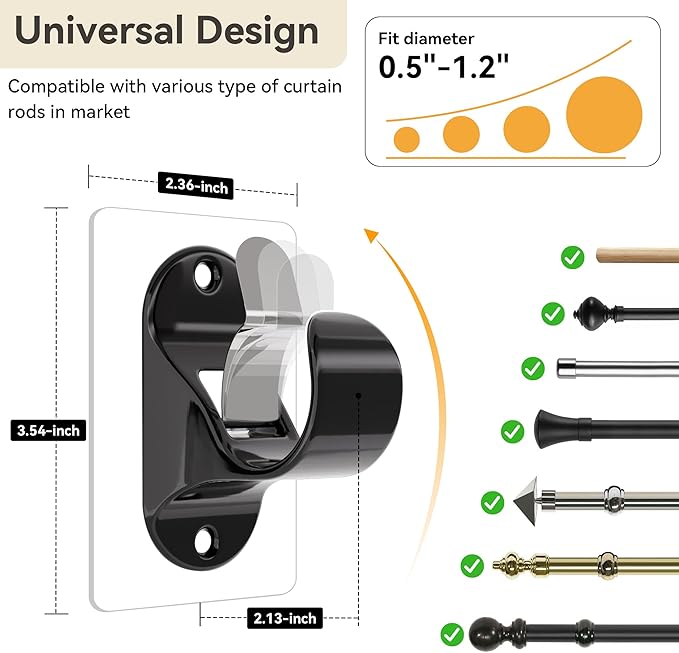 ANDGOO 6 Pack No Drill Curtain Rod Brackets, Renter Friendly Self Adhesive Curtain Rod Holders, Heavy Duty No Drilling Curtain Rod Hooks for Apartment Bedroom Bathroom Dorm Classroom Kitchen (Black)