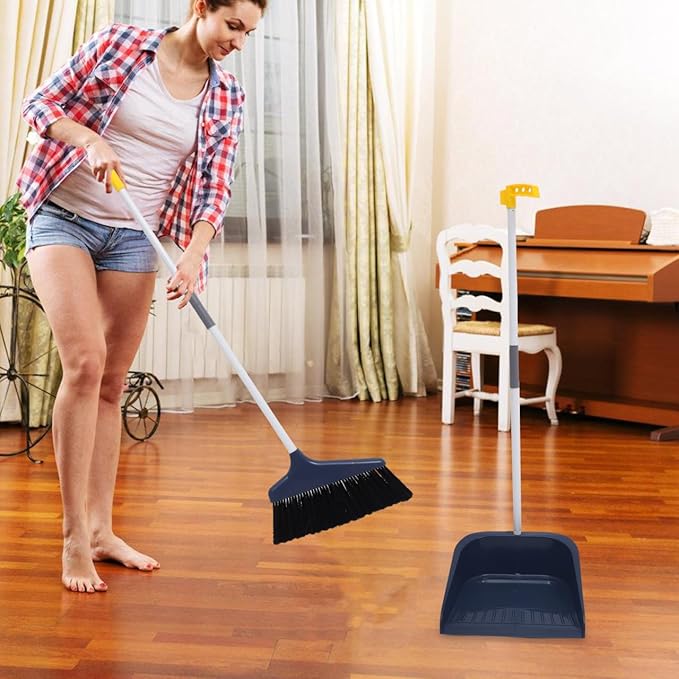 Soft Bristle Broom and Dustpan Set with Stainless Steel Handle, Magnetic Clip, and Long Reach for Home and Pet Hair Cleaning, Easy Hair Removal,Perfect for Indoor Floors and Sofa Areas