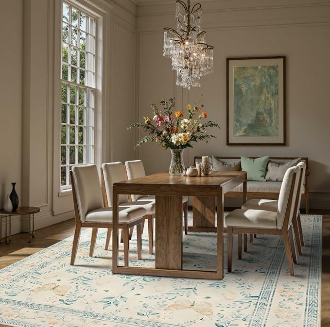 Floral Rug for Living Room Bedroom, 8x10 Washable Rug, Vintage Boho Area Rug, Large Non Slip Low Pile Wool Carpet for Indoor Dining Room,Girls Room,Nursery Room and Kids Room(Ivory Green 8x10)