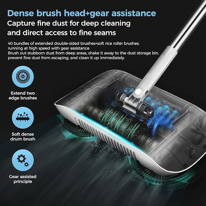 Manual Floor Sweeper Black - 7 Replacement Parts, Dry Wet Pickup for Hardwood Tile Marble, Pet Hair Small Debris Cleaner, No Power Needed, Home Office Use