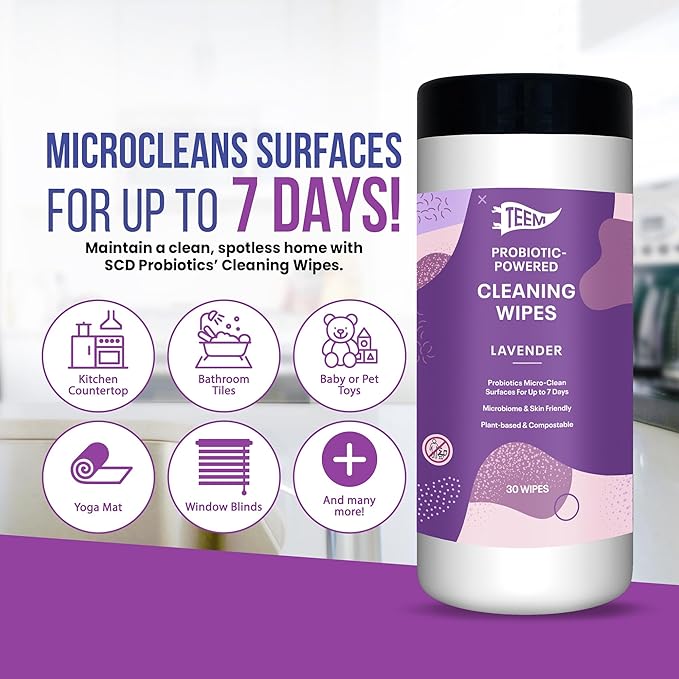 Probiotic Cleaning Wipes with Lavender Essential Oil, Microcleans Surfaces for up to 7 Days, Home Compostable & Biodegradable, All-Natural Multi Surface Wipes by SCD Probiotics, 90 Sheets (Pack of 3)