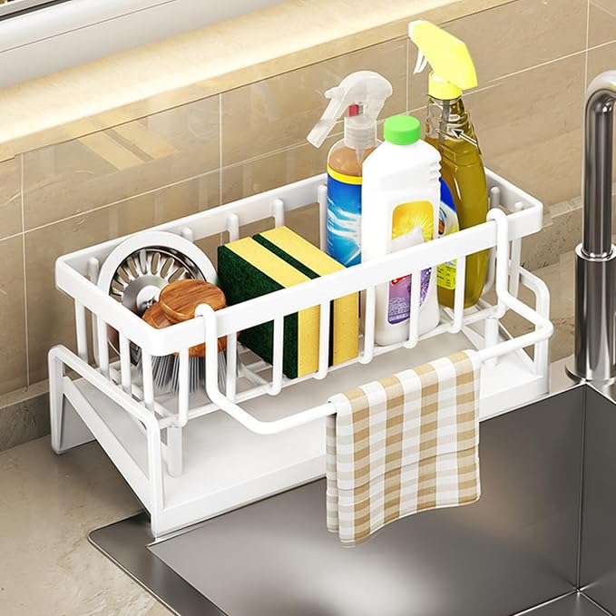 Kitchen Sink Organizer with Drain Tray, Sponge Holder, Brush Storage, Auto-Drying Rack for Dish Soap, Cleaning Tools, Countertop or Sink Caddy for Kitchen Decor