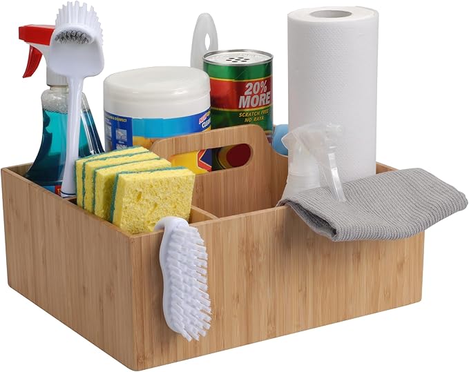 MobileVision Bamboo Multi-Purpose Caddy with Handle, 3 Sections, Sturdy Durable Carrier for Cleaning Supplies, Spray Bottles, Towels, Sponges and more