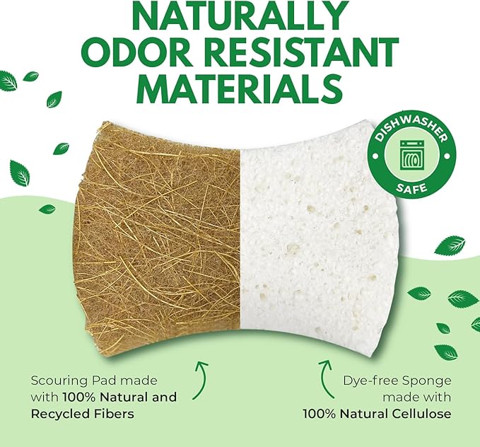 Natural Kitchen Sponges (24 Pack) - Biodegradable Cellulose & Coconut Scrubber Dish Sponge for Kitchen - Eco-Friendly, Non Scratch, Compostable, Non Toxic Natural Sponges for Dishes