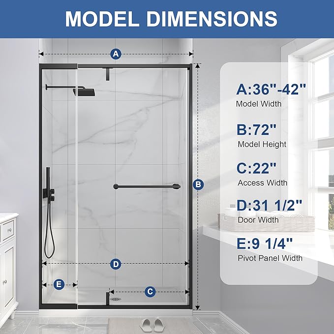 Semi Frameless Pivot Shower Door 36-42" W x 72" H, Swing Shower Glass Doors with Nano Explosion-Proof Film Tempered Glass 1/4"(6mm) Reversible Installtion, Matte Black Finish