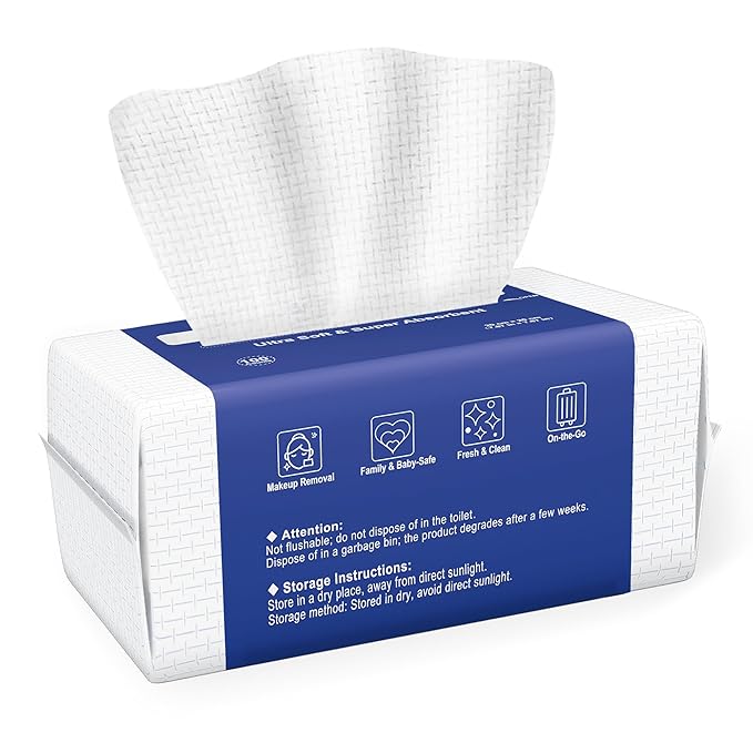 Ourmed Life Face Towels, Disposable Biodegradable Clean Face Wipes for Sensitive Skin, Lint- free Facial Towels for Women Cleansing, Skincare and Makeup Remover, Dry Wipes,100 Count EF Texture