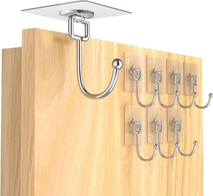 Large Adhesive Hooks 8-Pack, Heavy Duty 44lb(Max) Wall Hooks for Bathroom, Outdoor, Strong Self-Adhesive Towel & Coat Hooks, Waterproof Transparent Utility Hooks for Home Improvement