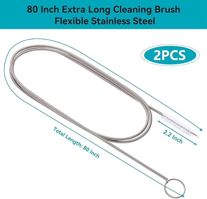 4.92 ft (1.5m) Flexible Drain Cleaning Brush – 2-Pack, Stainless Coil for Car, Fridge, Sinks, Pipes, Hoses, Hair & Grease Clogs