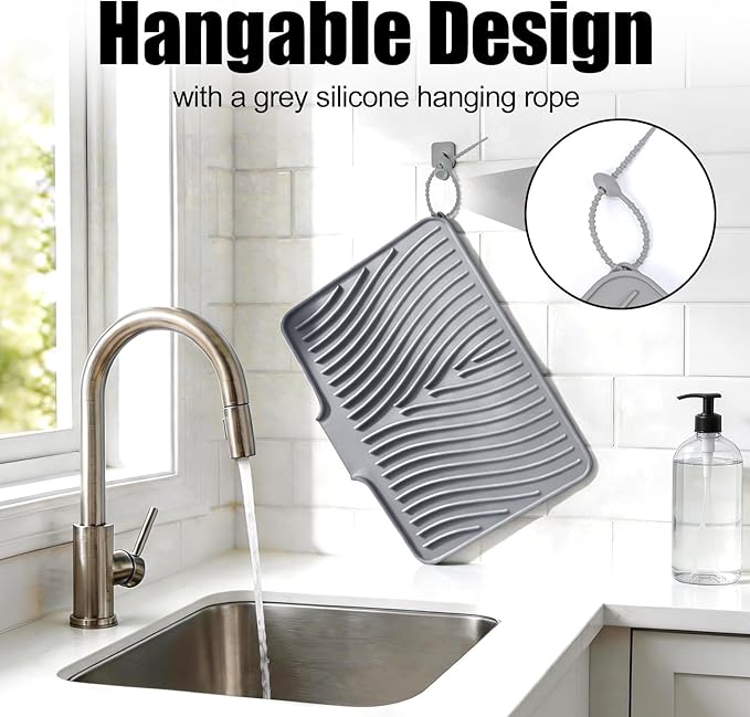 Silicone Dish Drying Mat, Stone Drying Mat for Kitchen Counter with Built-In Drain, Non-Slip Drain Pad with Built-in Drain, Heat Resistant Stone Drying Mat, 1Pcs 20" x 15", Grey