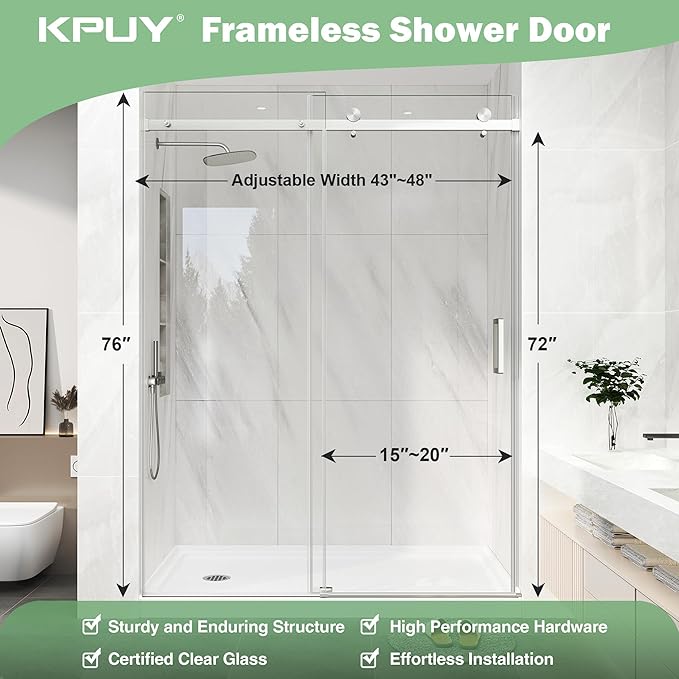 KPUY Frameless Shower Door, 43-48" W x 76" H Sliding Glass Shower Door, 1/4" (6mm) Thick Tempered Clear Glass with Explosion-Proof Film Nano Coating in Brushed Nickle Finish