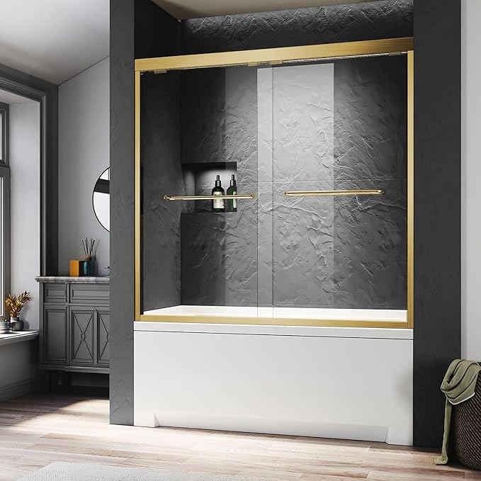 Gold Bathtub Sliding Doors,56-60 inch W x 57 inch Height Shower Doors with 1/4 inch Clear Tempered Glass,Semi-Frameless Bypass Tub Doors with Stainless Steel Hanles