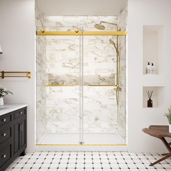 Frameless Double Sliding Shower Door,44-48" W x 74" H Glass Shower Doors with Soft Close System,5/16" (8mm) SGCC Tempered Clear Glass,Explosion-Proof Film Nano Coating,Brush Gold