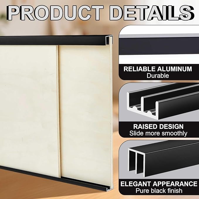 Landical 2 Set 4 ft Black Aluminum Sliding Door Track Set for 1/4" Thick Panels Closet Glass Doors Cabinet Window Aluminum Alloy Metal Sliding Track