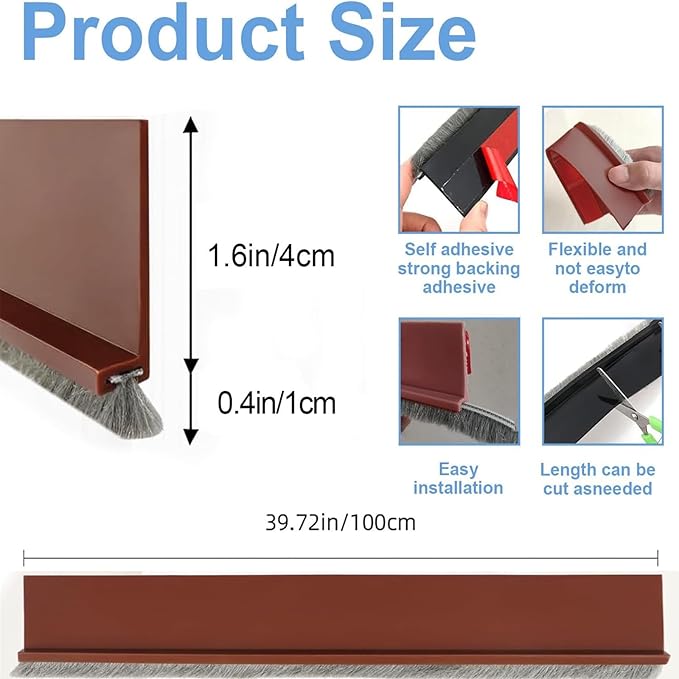 39-inch Door Draft Stopper with Brush - Adhesive Weather Stripping Seal for Exterior/Interior Doors | Under Door Sweep Blocks Drafts, Noise & Dust | Fits 1/4"-1" Gaps (Brown)