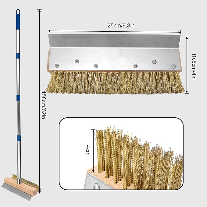 Pizza Oven Brush, Brass Wire Brushes with Scraper and Detachable 60.2inches Long Handle for Commercial Pizzaoven Cleaning, Kitchens Cleaning Brush for Restaurants, BBQ Shelf, Fireplace