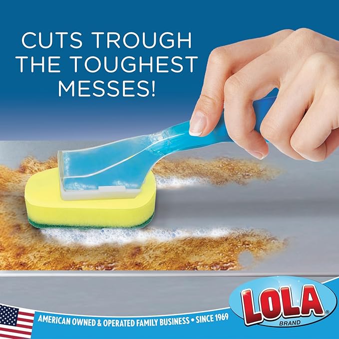 LOLA Dish Brush w/Soap Dispenser Wand, 1 Brush w/Head & 6 Refills, Absorbent Sponge Scrubber, No Leaking. Clean Dishes, Sinks and Cookware