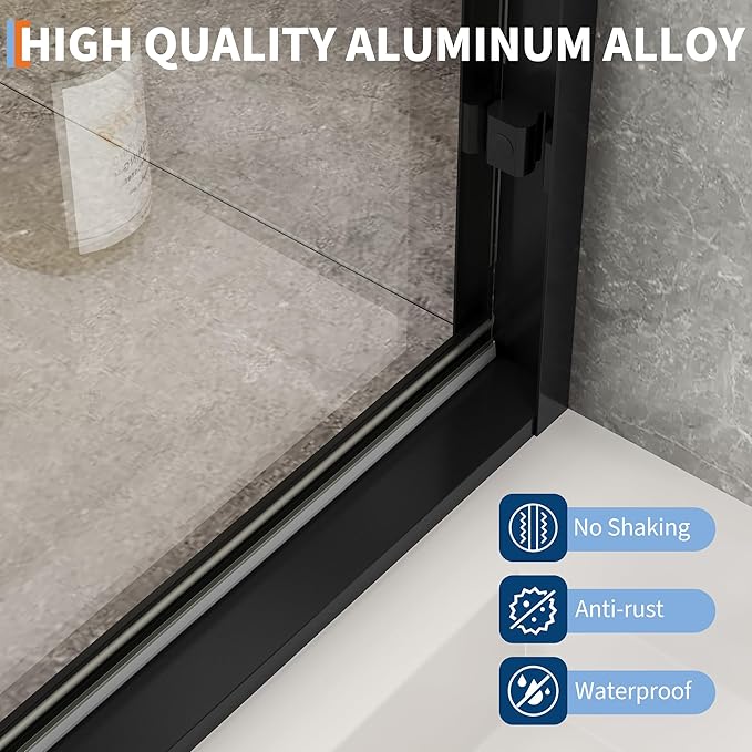 Sliding Shower Door, 44"-48" w x 72" h Semi-Frameless Bypass Bathroom Door with 1/4" Tempered Glass,Matte Black Finish for Walk-in Shower