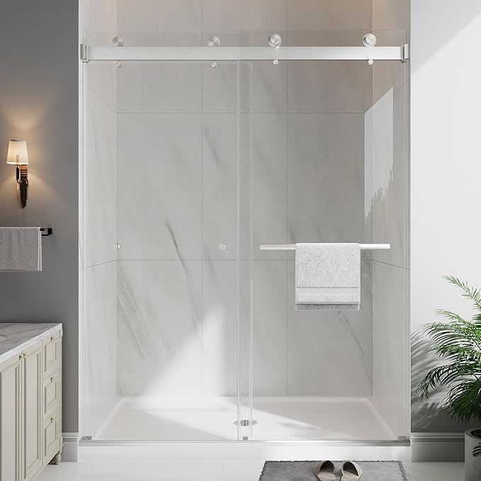 Frameless Double Sliding Shower Doors, 55-60" W x 76" H Shower Glass Door, 1/4" (6mm) Thick ANSI Certified Tempered Glass with Explosion-Proof Film and Nano Coating, Brushed Nickle