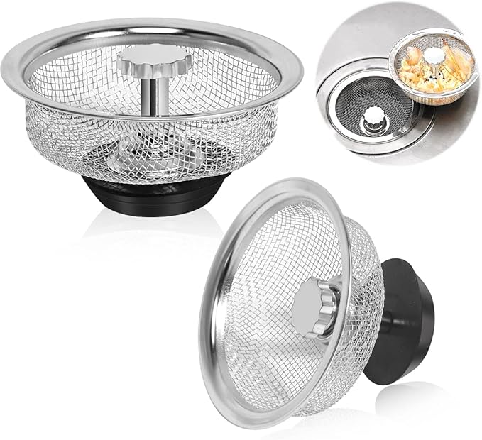 Kitchen Sink Strainer with Handle and Stopper Replacement Kitchen Sink Drain Basket/Stopper/Plug 3.3 Inch Stainless Steel Kitchen Sink Drain Strainer Mesh Sifter Filter(‎Silver)