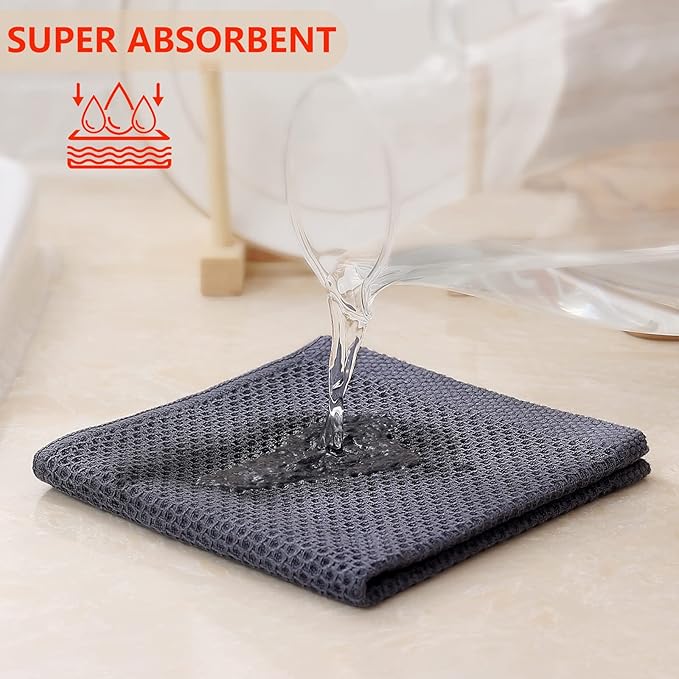 Kitinjoy 100% Cotton Kitchen Dish Cloths (12 X 12 Inches, Dark Grey), 6 Pack Waffle Weave Ultra Soft Absorbent Dish Towels for Drying Dishes Quick Drying Kitchen Towels Dish Rags