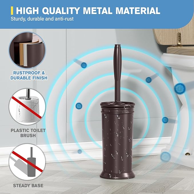UPTRONIC Toilet Brush, Aluminum Alloy Toilet Brush and Holder Set with Long Handle Durable Bristles Toilet Bowl Brush and Covered Holder for Toilet Scrubber for Bathroom Cleaning (1, Brown)