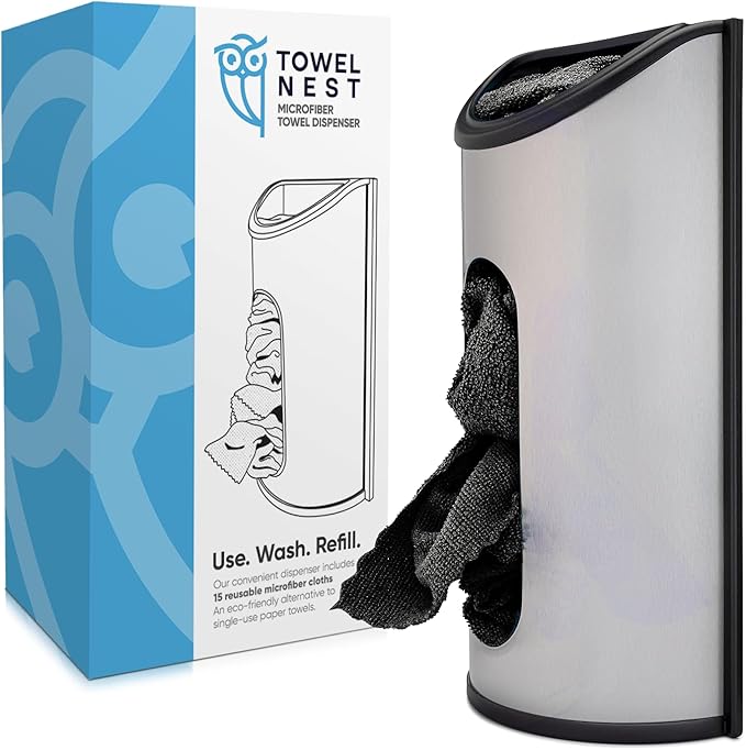 TowelNest Microfiber Cloth Dispenser | 15 Reusable Cloths (Black) | Eco-Friendly Paper Towel Alternative | Absorbent & Washable | Wall/Cabinet Mount (3M Adhesive & Screws Included)