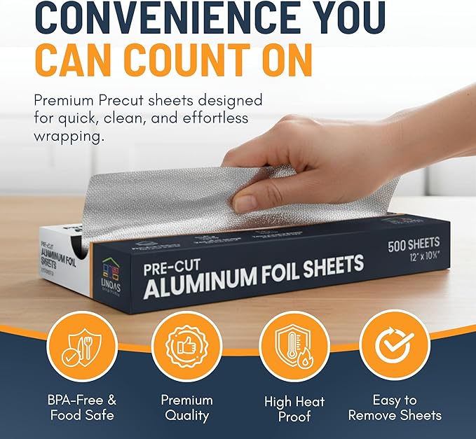 Pre-Cut Aluminum Foil Sheets 500 Count - Foil Sheets For Food, 12” x 10.75”, Easy Dispense Packaging, Premium Pop Up Aluminum Sheet, Tin Foils Sheet for Cooking, Grilling & Storage
