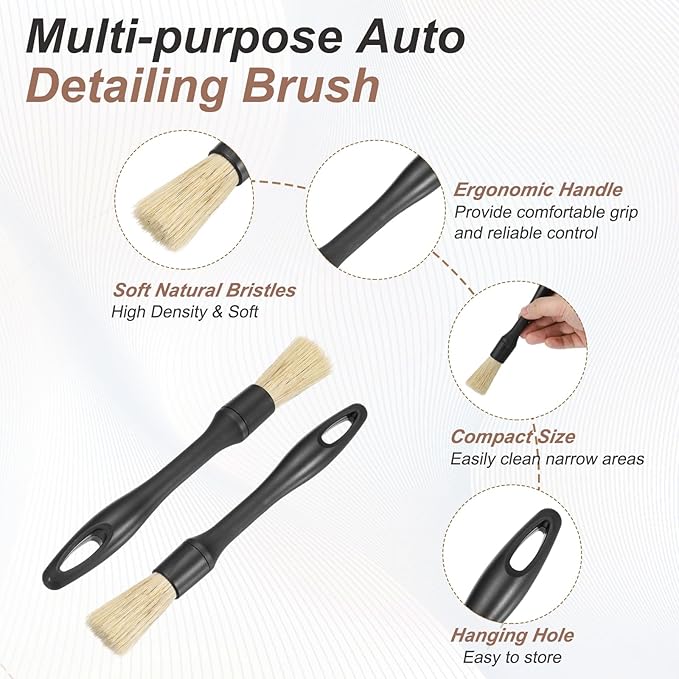 HARFINGTON 3 Pcs Car Detailing Brush 9.1" Natural Bristle Auto Cleaning Brush Scratch Free Automotive Cleaner Duster for Exterior Interior Dashboard Wheels Air Vents, Yellow