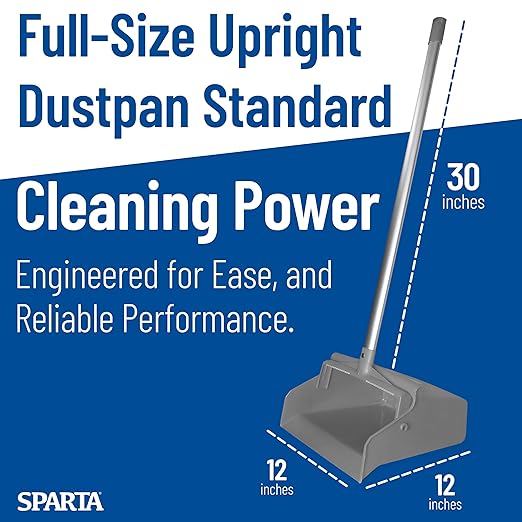 SPARTA Upright Dustpan with Aluminum Handle, Serrated Edge for Broom Combing, Secure Yoke Lock with Easy Storage Hanging Hole for Commercial Cleaning, Plastic, 30 Inches, Gray