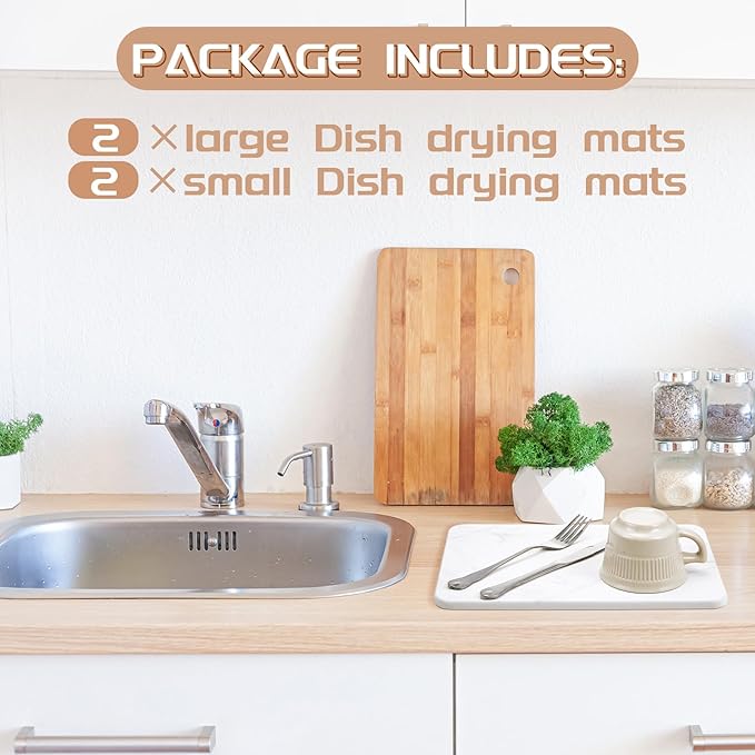 4 Pcs Absorbent Diatomaceous Dish Drying Mat Set White Non Slip 12x8in ＆ 9x3in Drying Mat Heat Resistant Small Size Hard Draining Instant Dish Pad for Rack Kitchen Counter Bathroom Sink