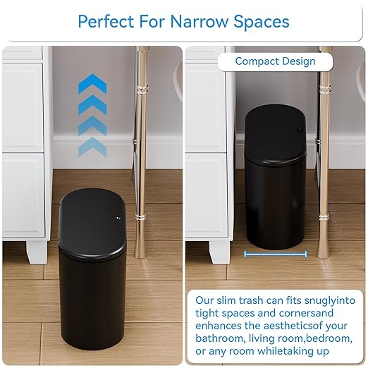 3.17 Gallon Thin Small Black Bathroom Trash Can with Lid,12L Small Pet/Dog Proof Slim Trashcan and Skinny Covered Trash Can,Plastic Covered Wastebasket,Garbage Can for Kitchen,Office,RV,Bedroom,2 Pack